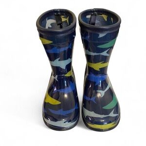 Carter's “Rocky” Navy Rain Boots with Blue, Green & Yellow Shark Print